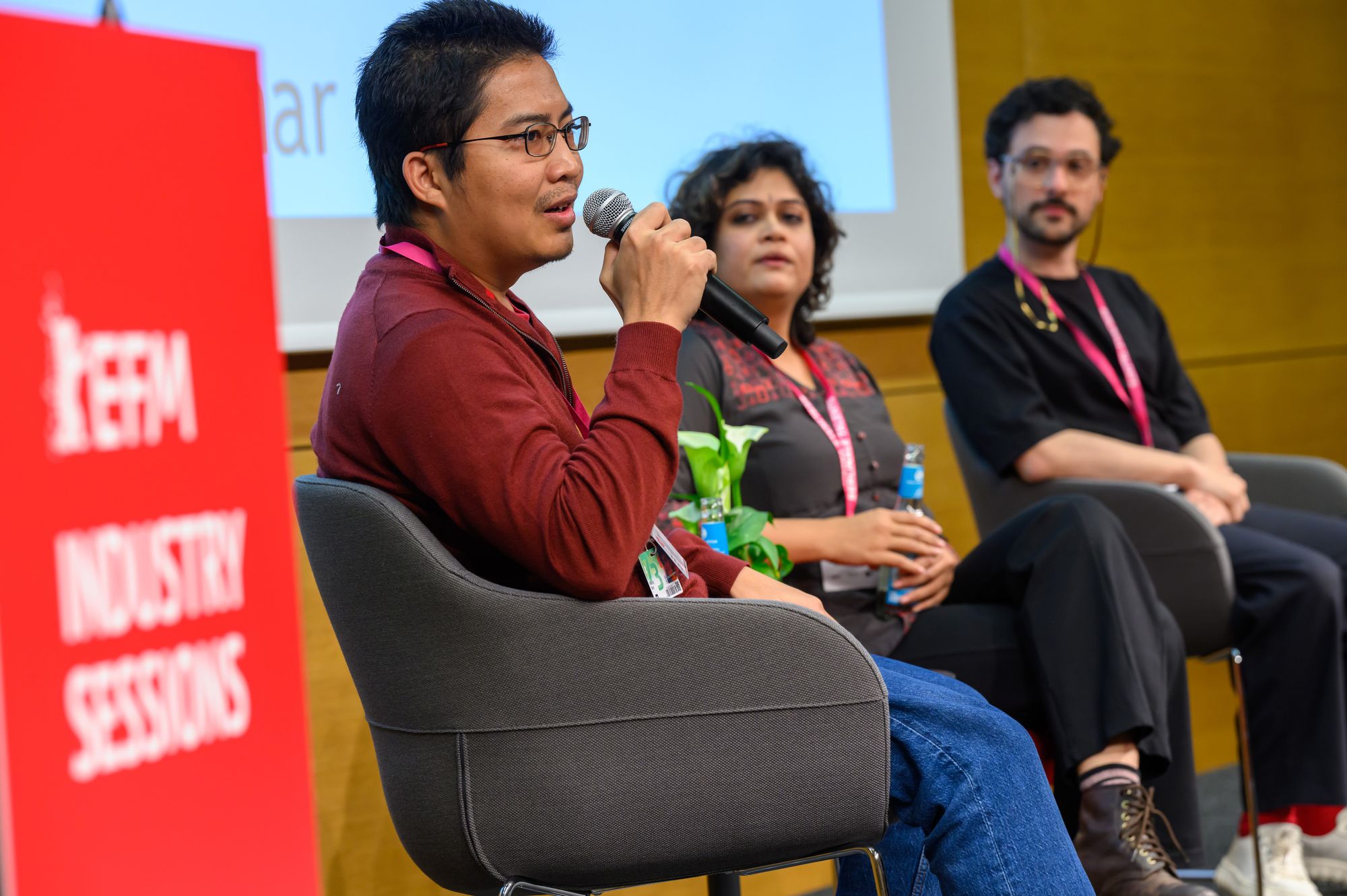 Maung Sun, Koel Sen and Manuel Correa  at the Doc Station Project Presentation at the European Film Market. 