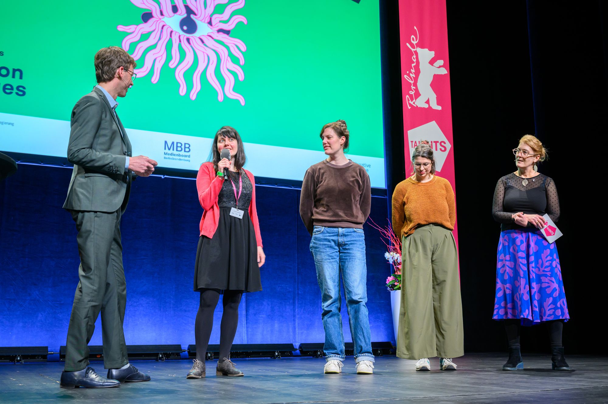 Medienboard's Lilla Puskas with Florian Weghorn,  Sophie Linnenbaum, Laura Klippe and Nikola at Berlinale Talents 2024 Opening Ceremony.