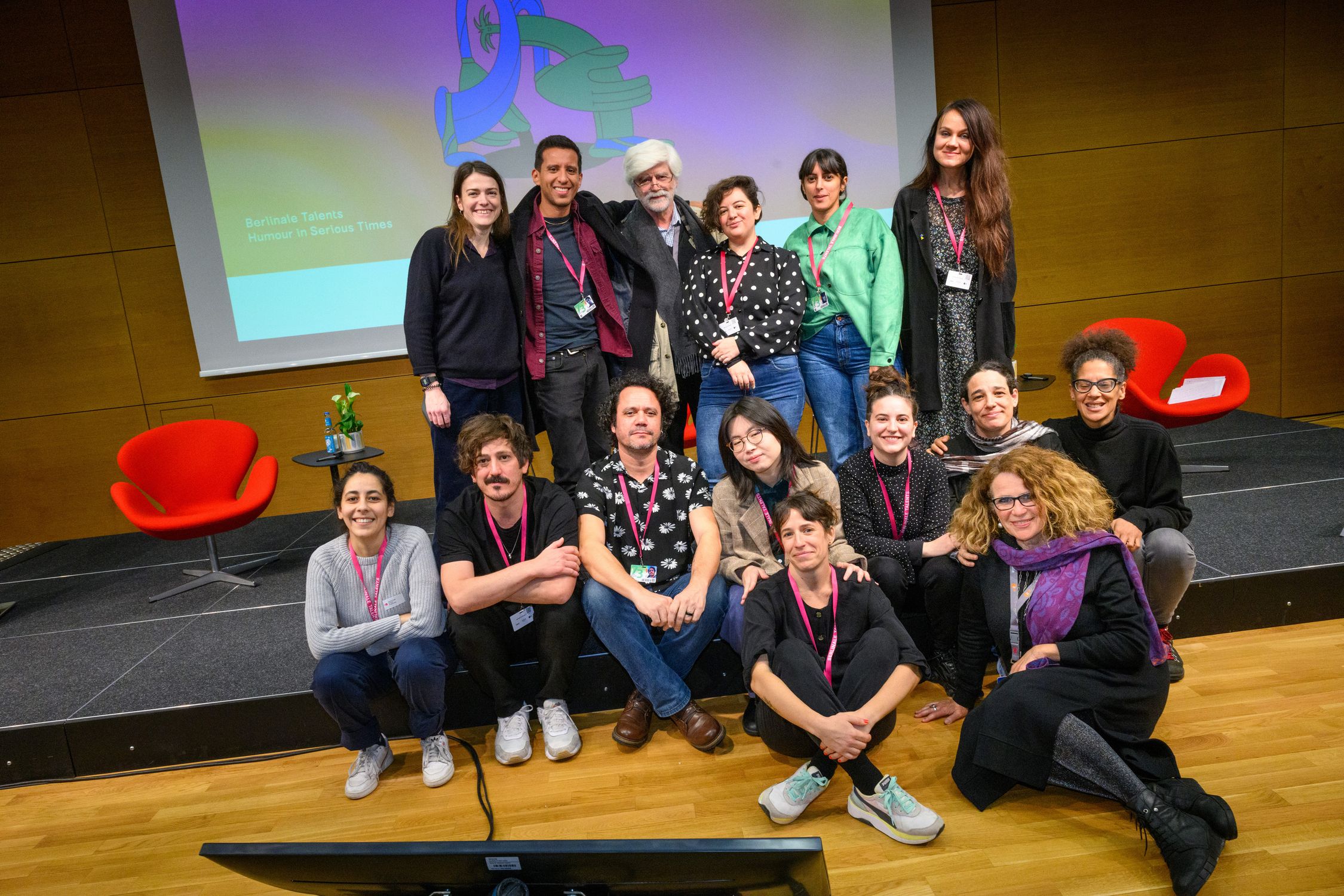 The 2023 Script Station participants after their presentations, with Head of Script Station Linda Kirmse and mentors Gyula Gazdag, Naomi Levari, Gabriele Brunnenmeyer and Selina Ukwuoma.